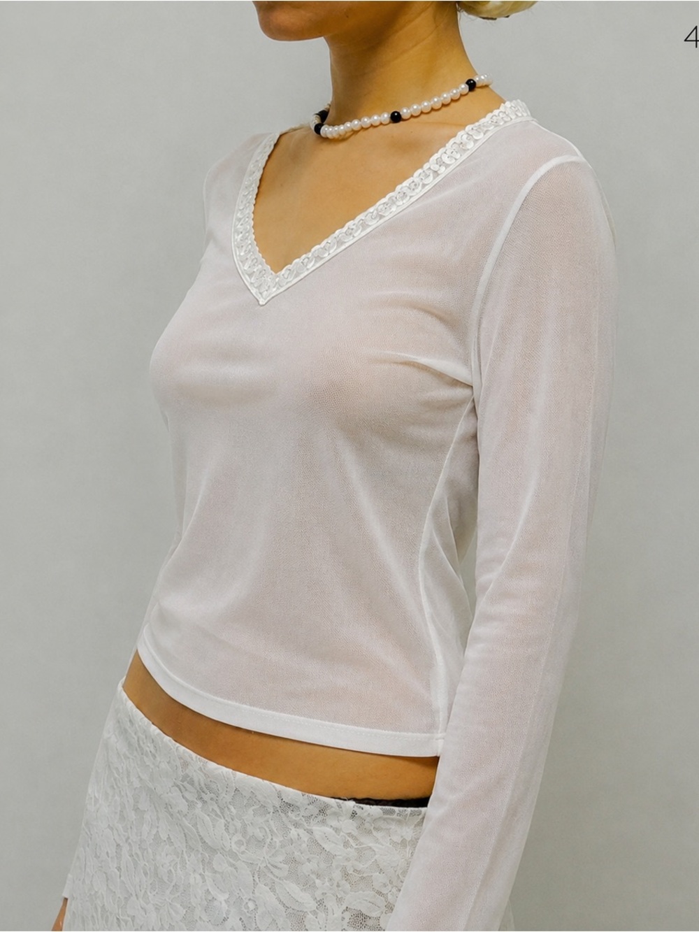 Vtg Preview International White Sheer Nylon Lace Trim Top Size S